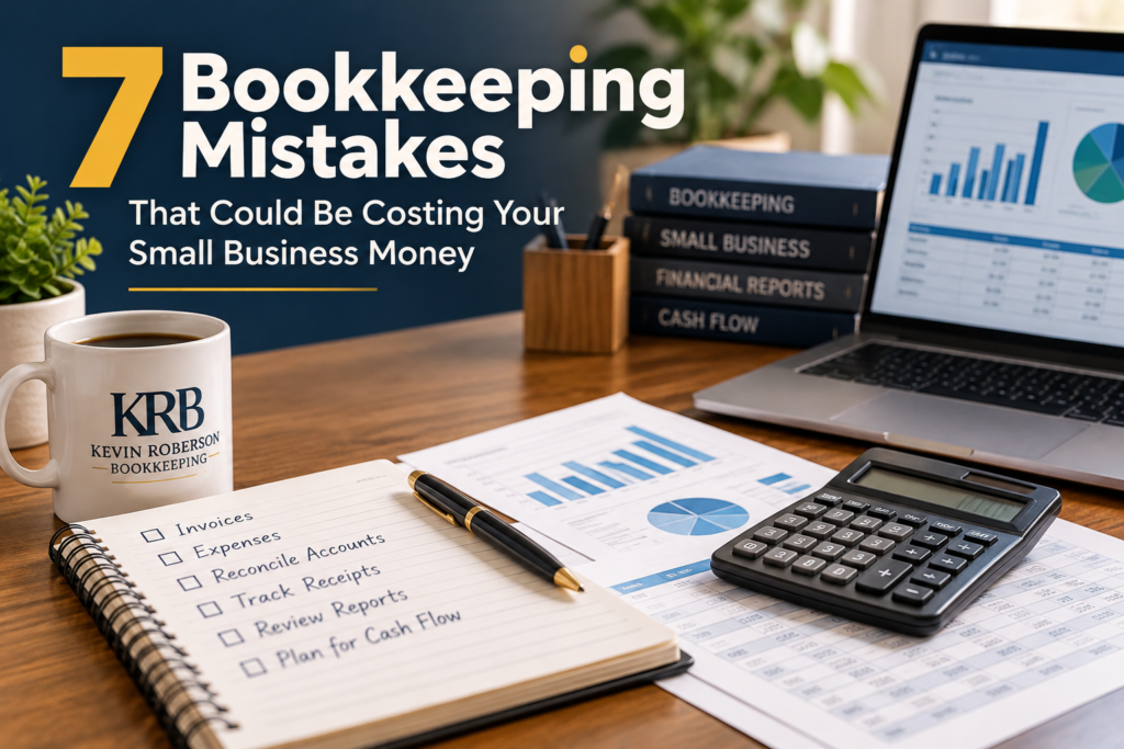 Bookkeeping workspace illustrating seven common small-business bookkeeping mistakes.